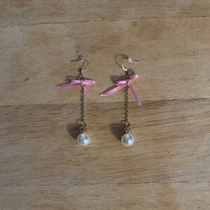 Pink Ribbon Pearl Drop Earrings